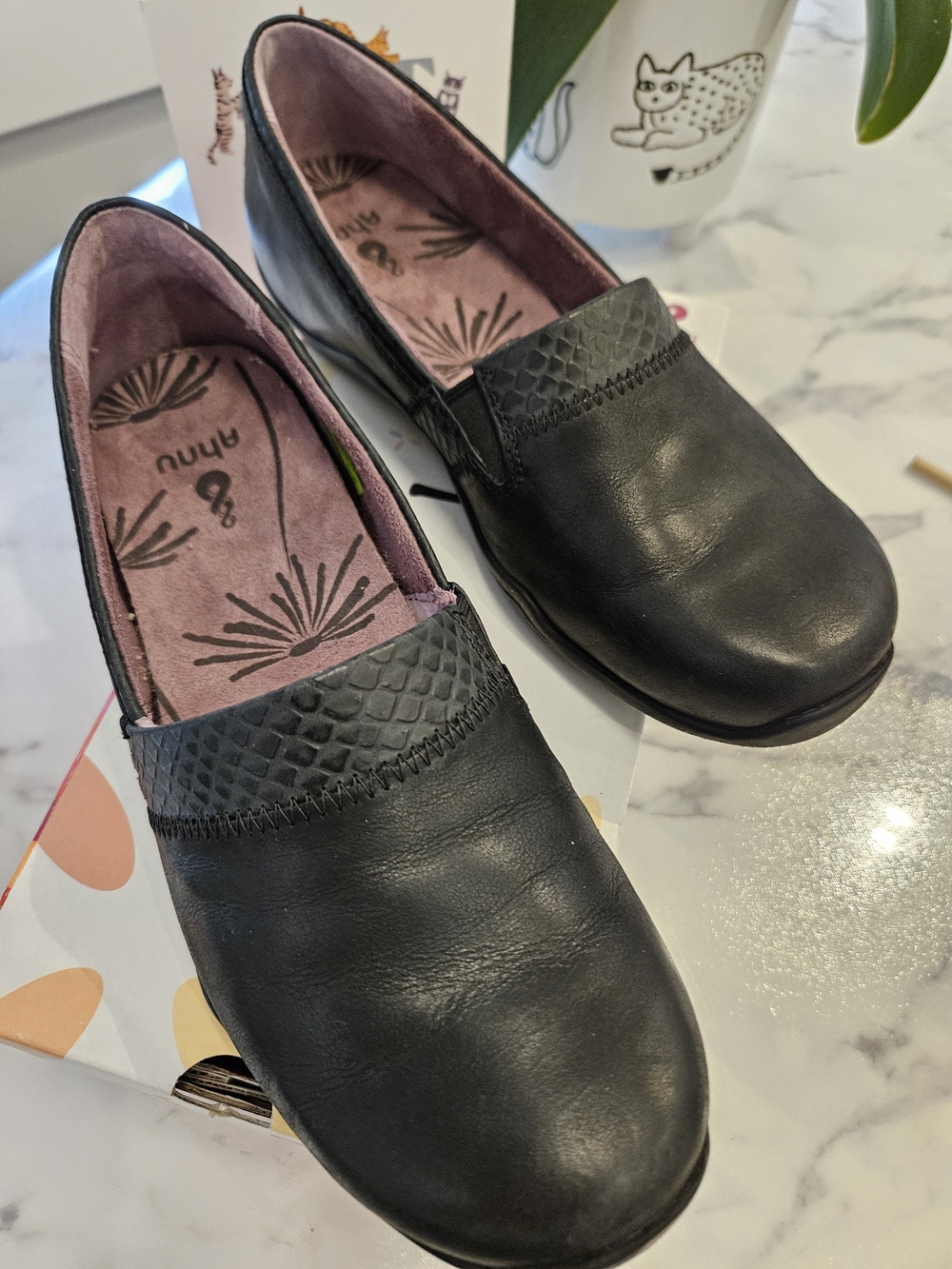 Ahnu Black Leather Flat with Cushioned Pink Lining, Like New